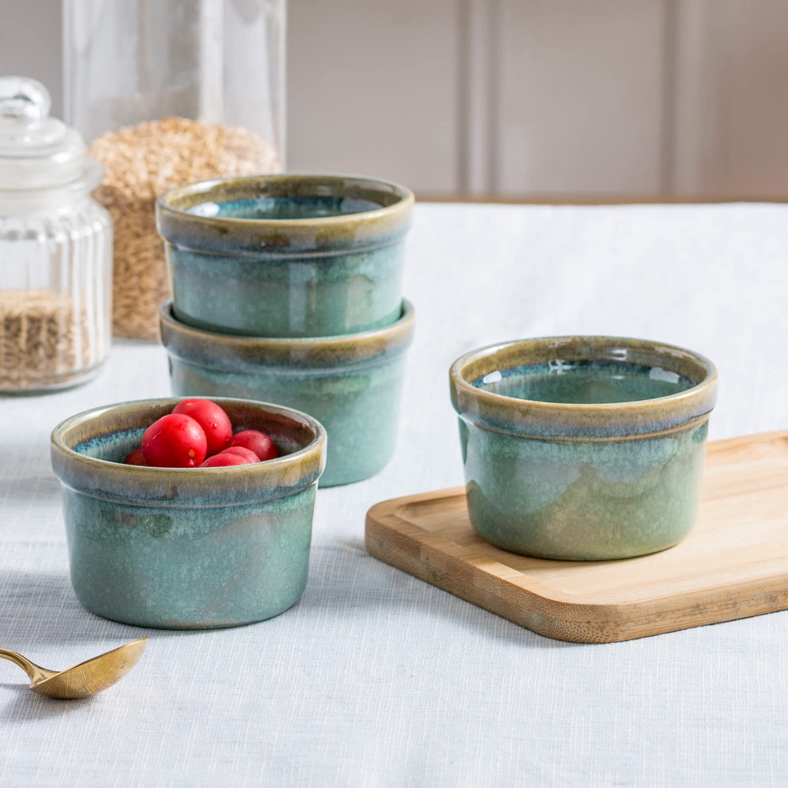 Lot de 4 Moules à Soufflé, 240 mL Ramequins Rond, Bol à Sauce Tapas, Moules pour Pudding, Creme Brulee, Bol à Dessert, Four et Micro-onde Convient (Vert Cristal)