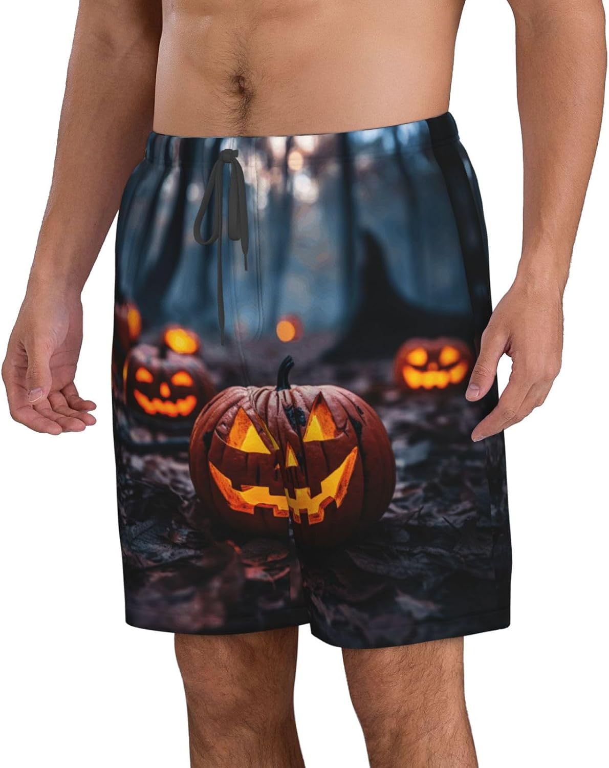 Orange Halloween Party Print Mens Casual Shorts Drawstring Summer Beach Stretch Shorts Novelty Swimtrunks