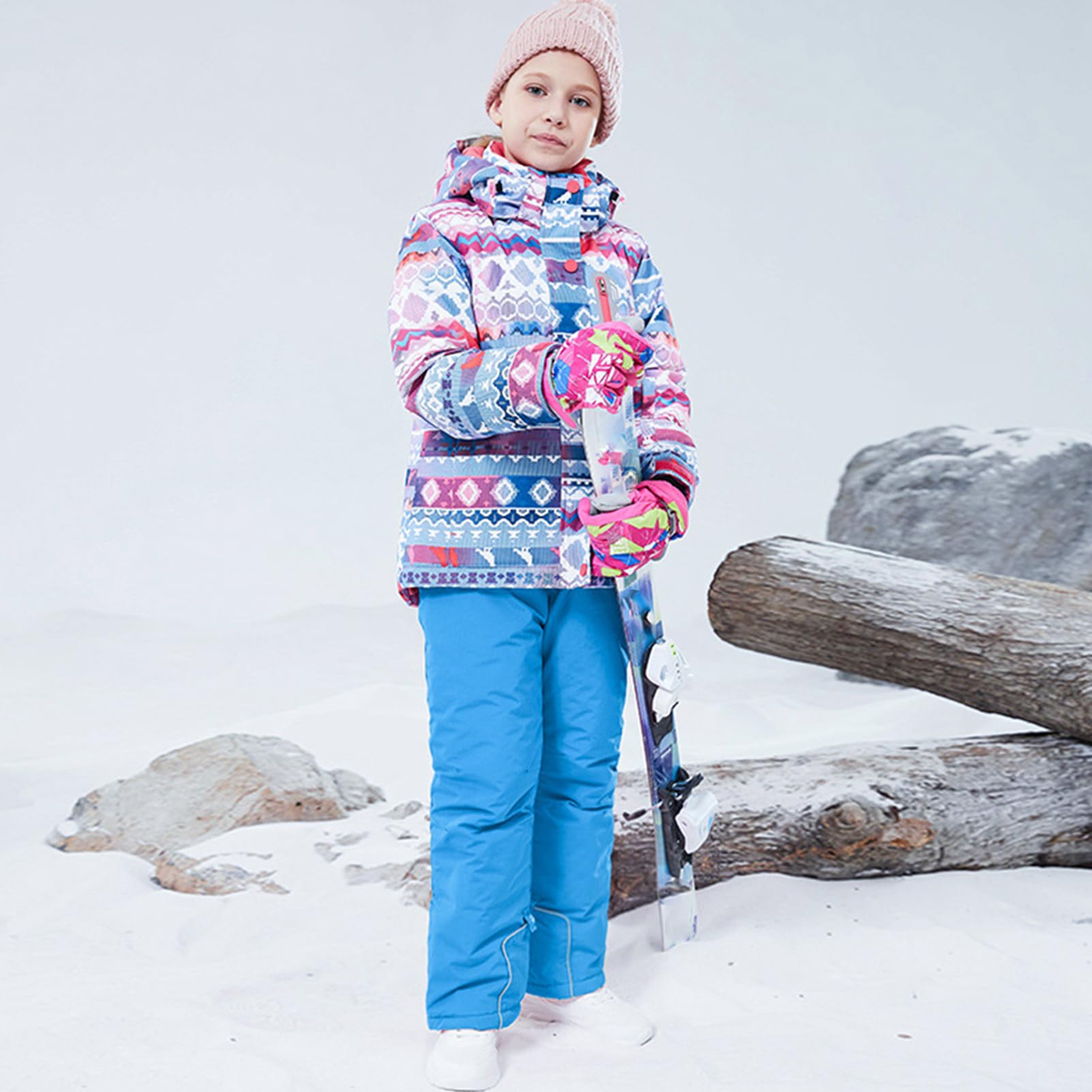 Conjunto de traje de esquí infantil de 2 piezas con capucha, traje de nieve impermeable a prueba de viento para niños y niñas, chaqueta de esquí cálida y pantalones de esquí, pixeles y