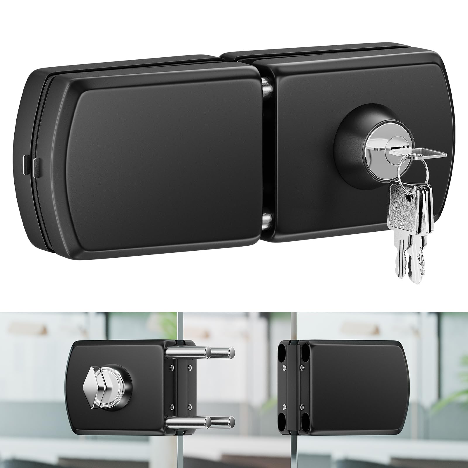 Ranbo Cerradura de Sujeción sin Taladrar para Cristal, Negro Mate | Con llave y pomo, para cristal templado de 10–12 mm, instalación sencilla, apta para hogar y oficina