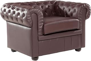 Sillón Chesterfield tapizado en piel color marrón patas de madera oscura contemporáneo Chesterfield