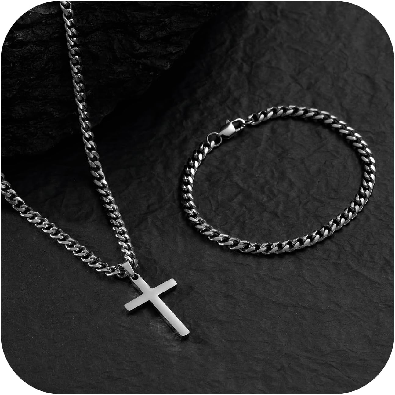 NORBU Stainless Steel Cross Necklace and Bracelet Set for Men, Cuban Link/Wheat/Figaro/Box Chains 20" Length, Bracelet 7 1/2" and 8" Length, No Tarnish & Durable Mens Religious Gift