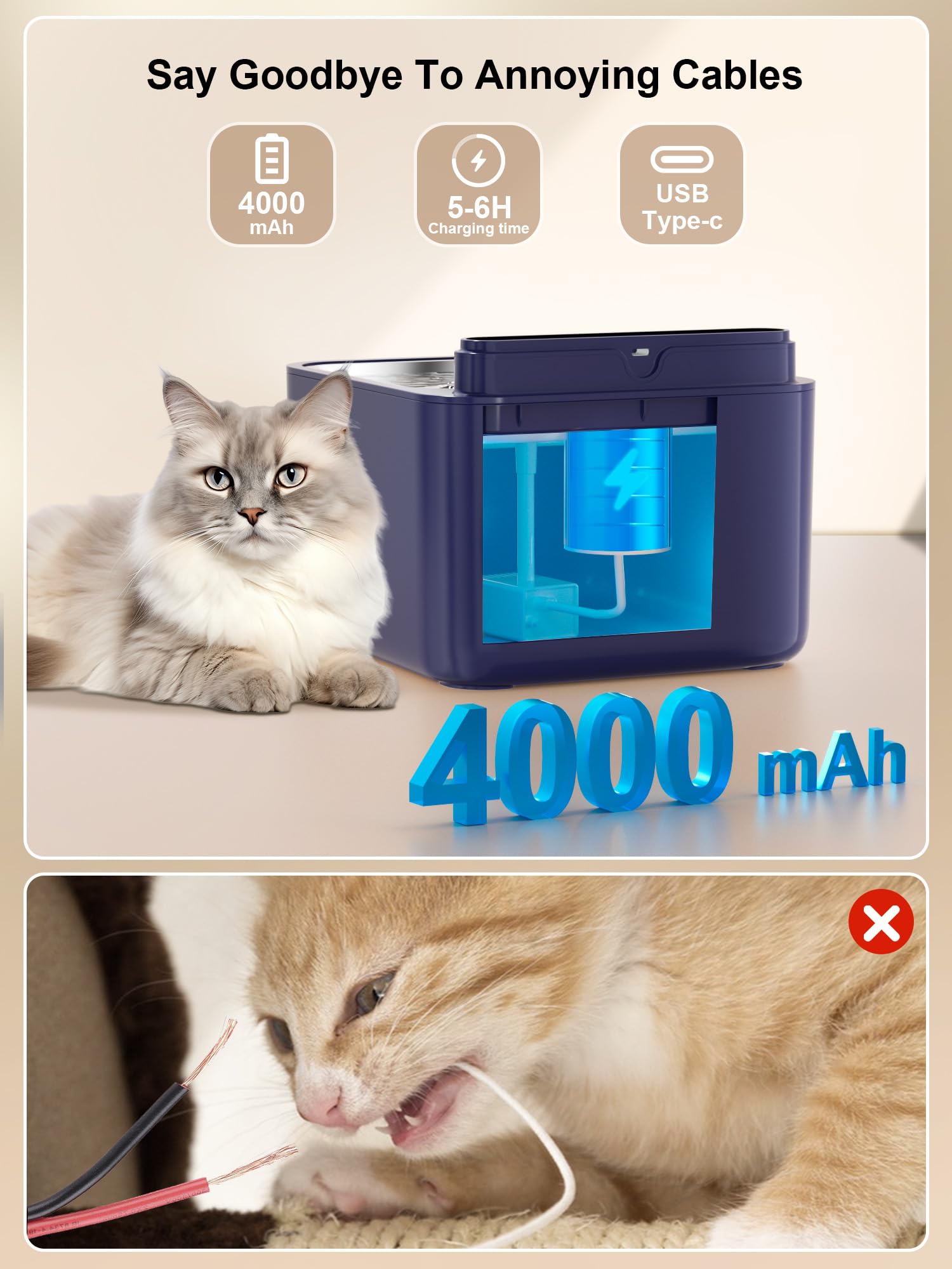 PLOOHT Fontanelle per Gatti Cani con Sensore Movimento, Fontanella per Gatti Cani Senza Fili 3,2L, Alimentato a Batteria, Batteria Ricaricabile Incorporata 4000mAh, con Pompa e Filtro, Blu Scuro