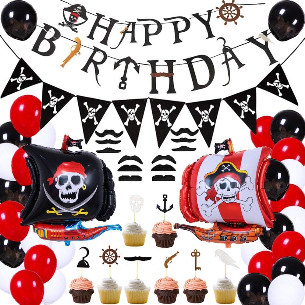 Pirate Birthday Party Decorations: Kids Pirate Theme Party Supplies - Banner, Balloons, Mustaches, Cupcake Toppers