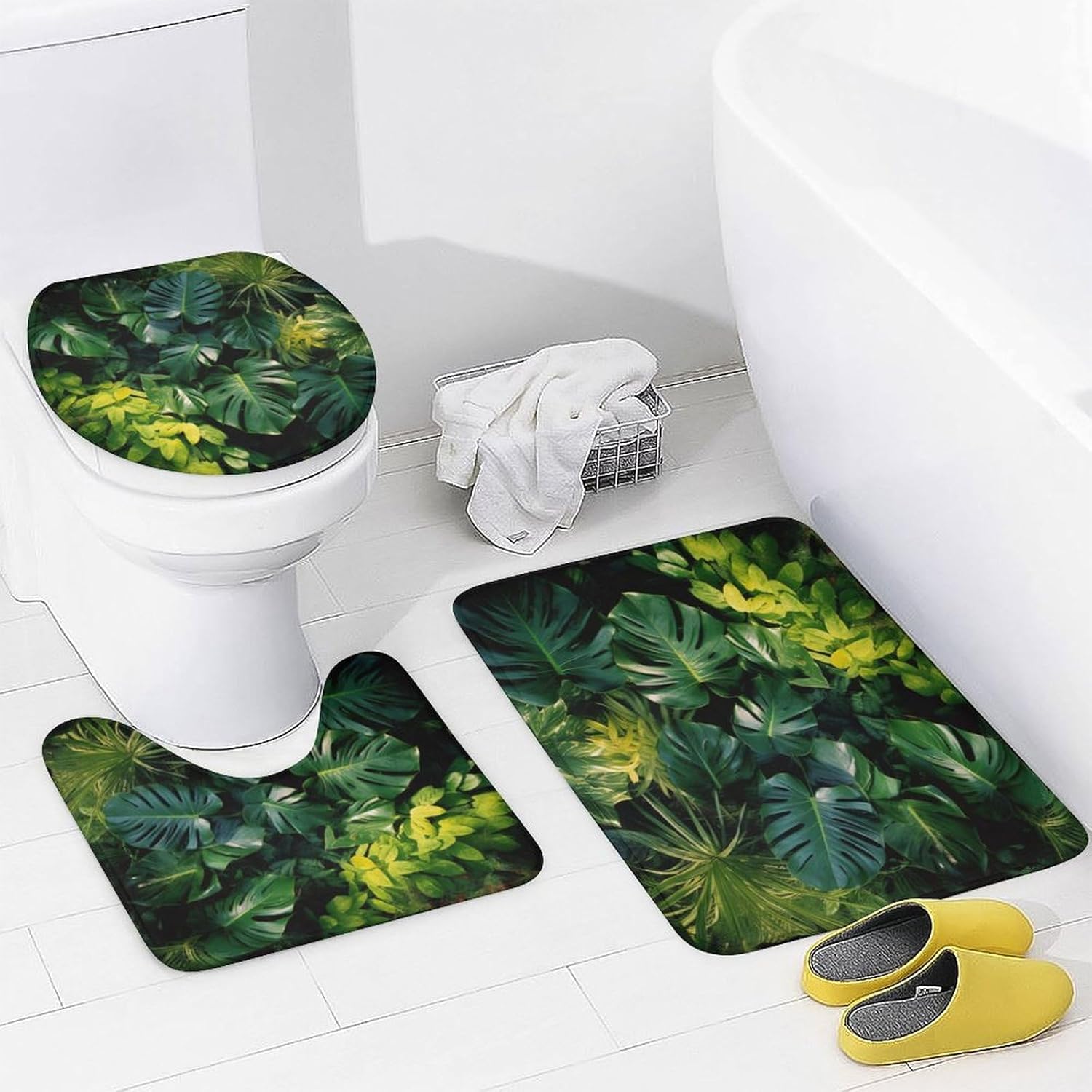 4 Pcs Tropical Green Leaf Shower Curtain Sets, Natural Plants Bathroom Set Shower Curtain Set with Rugs and Accessories, Bathroom Decor with Bath Mats Toilet Lid Cover