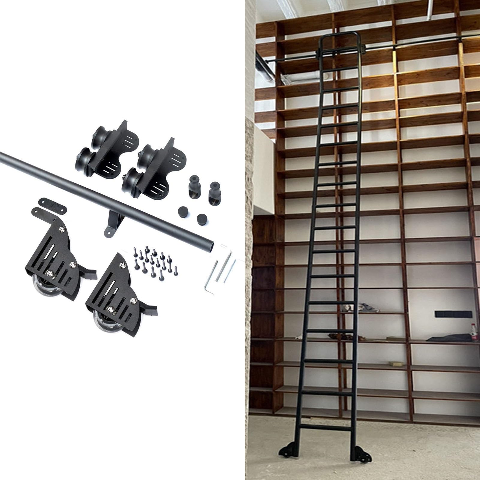 GDMDPTE Retractable Rolling Ladder Kit, Pulley Type Horizontal Roller Wall Mount Sliding Ladder Hardware, Stable Functional Design for Library or Loft