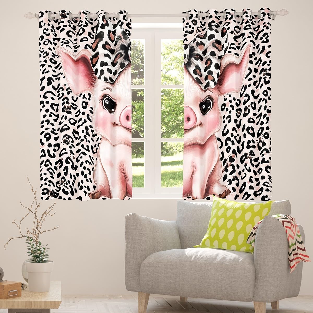 Feelyou Cartoon Pig Curtains (2 Panels, 38 x 45 Inch) Kids Leopard Bow Darkening Drapes Boys Girls Teens Lovely Animal Cheetah Blackout Curtain Cute Pet Window Treatments Farm Animal image 4