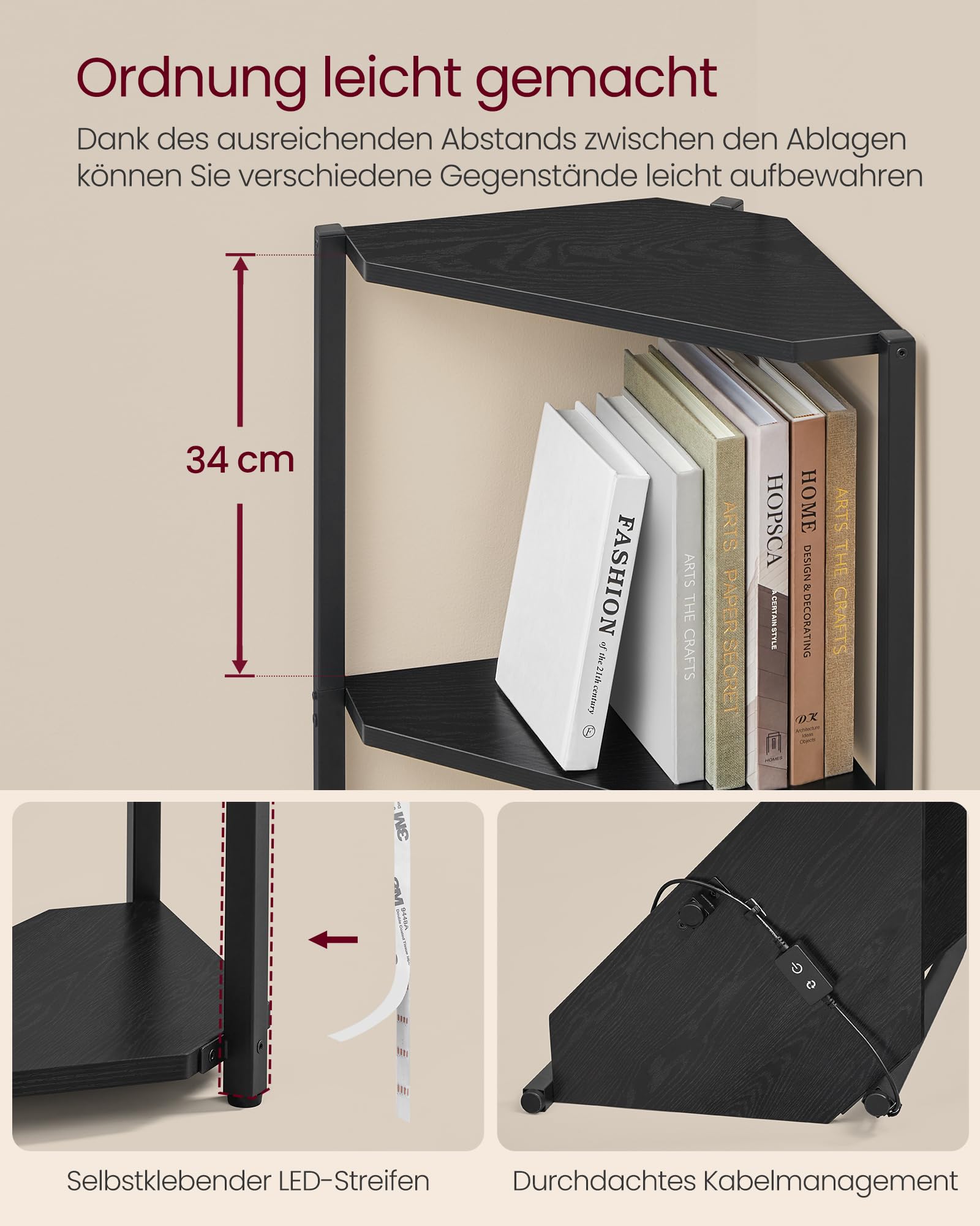 VASAGLE Eckregal mit 5 Ebenen, Einstellbarer LED-Beleuchtung