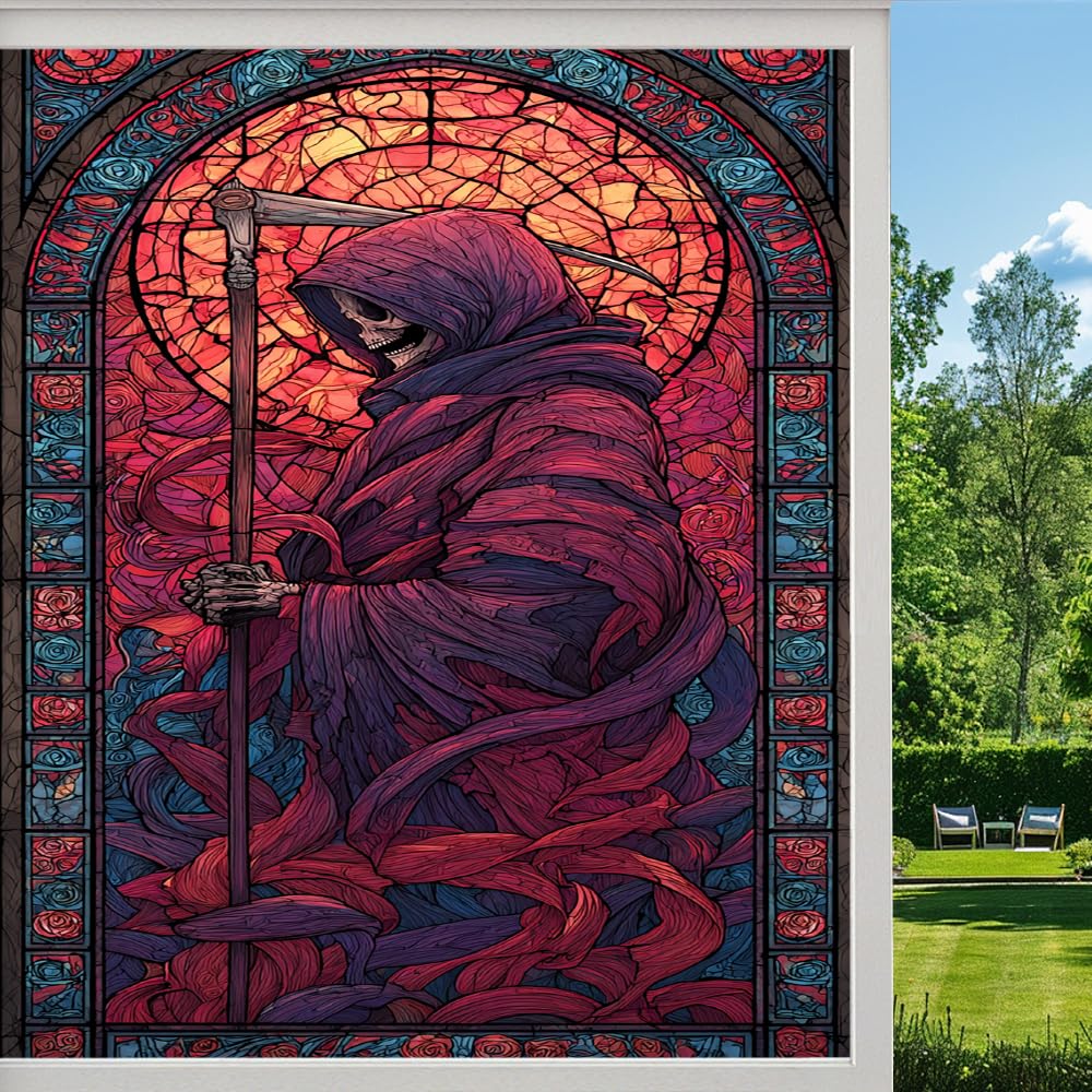 Pmlbaous Horror Grim Reaper Stained Glass Window Film, Retro Skull Abstract Peel And Stick Privacy Film, Frosted Adhesive Vinyl Decorative For Bathroom Windows Glass Doors, （45X60cm）