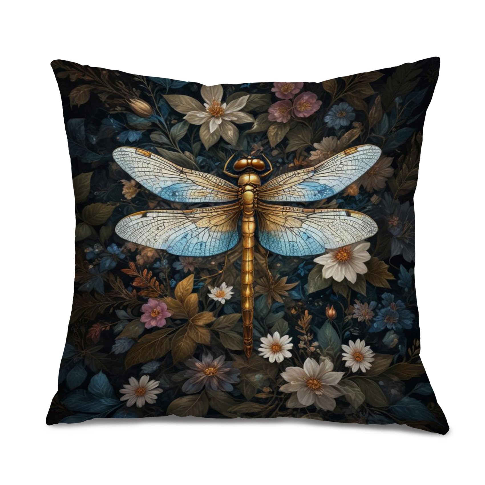 Foritho Vintage Moody Floral William Morris Inspired Dragonfly Throw Pillow Covers 18x18, Dark Cottagecore Room Decor, Dark Academia Botanical Insect