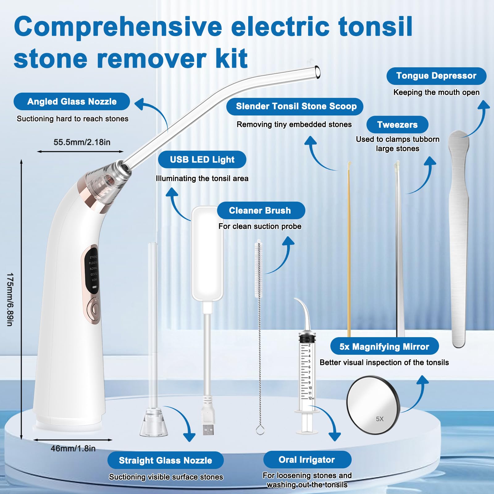 Kit de Nettoyage d’amygdales, Aspirateur électronique pour enlever les amygdales, kit de retrait de pierres amygdales avec 5 modes d'aspiration, outil de retrait des tonsillolith, upgrade