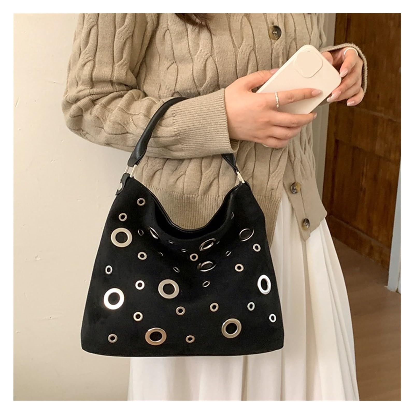 Bolso Tachuelas Bolso de mano retro con remaches de metal de nicho for mujer Versátil estilo motero bandolera