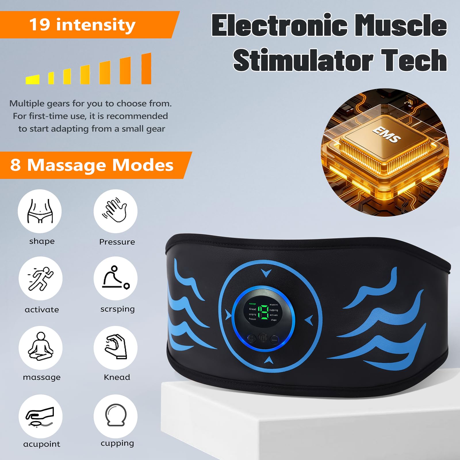 Elettrostimolatore Muscolare,Elettrostimolatore per Addominali con Pelle di Alta qualità,Elettrostimolatore con 8 modalità e 19 intensità,USB Ricaricabile