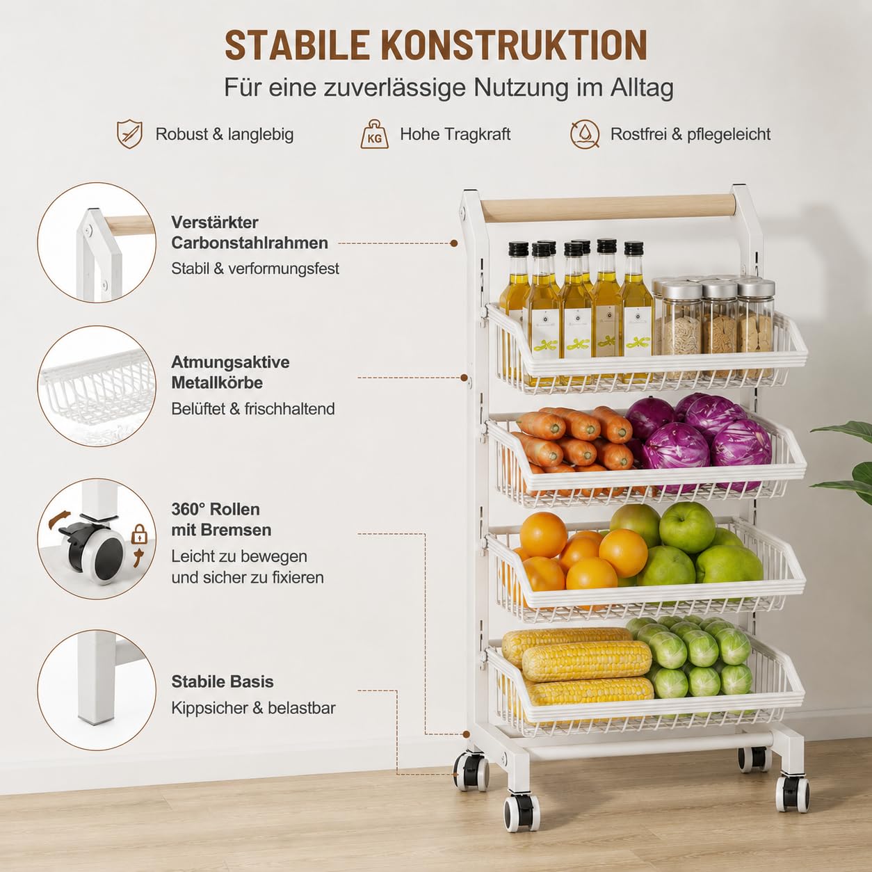 Garvee Küchenwagen Metall, 4 Ebenen Obst- und Gemüsewagen mit Schubladen