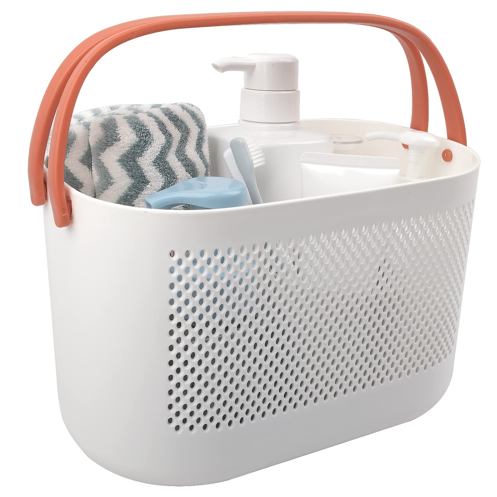 rejomiik Shower Caddy Basket Portable Plastic Organizer Storage Basket with Handle and Drainage Holes Tote Bag Bin Box for Bathroom, College Dorm Room Essentials, Kitchen, Camp, Gym - Small Orange