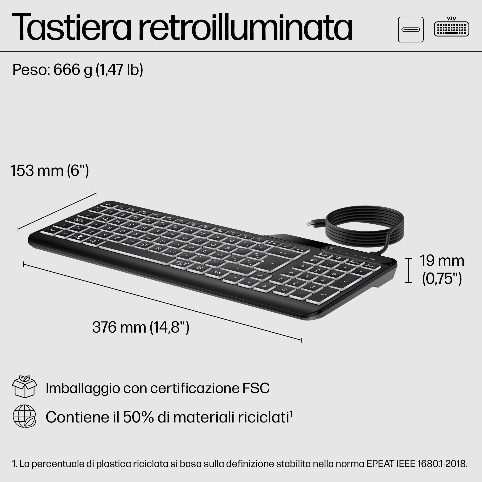HP 400 Tastiera Cablata, Connessione tramite USB-C e con Adattatore USB-A, Qwerty, 12 Tasti Programmabili, Retroilluminazione, Compatibile con Windows 10 e 11, Chrome OS, MacOS, Nera