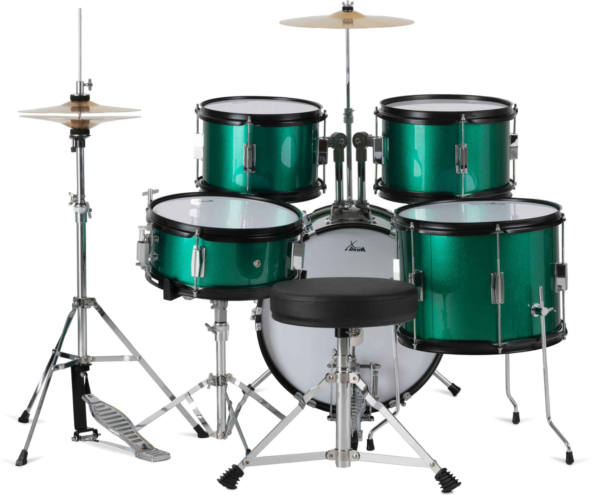 XDrum Junior Pro Kinder Schlagzeug Emerald Green Sparkle - geeignet von 5-9 Jahren - Drumset mit komplettem Zubehör - inkl. Schule - Grün