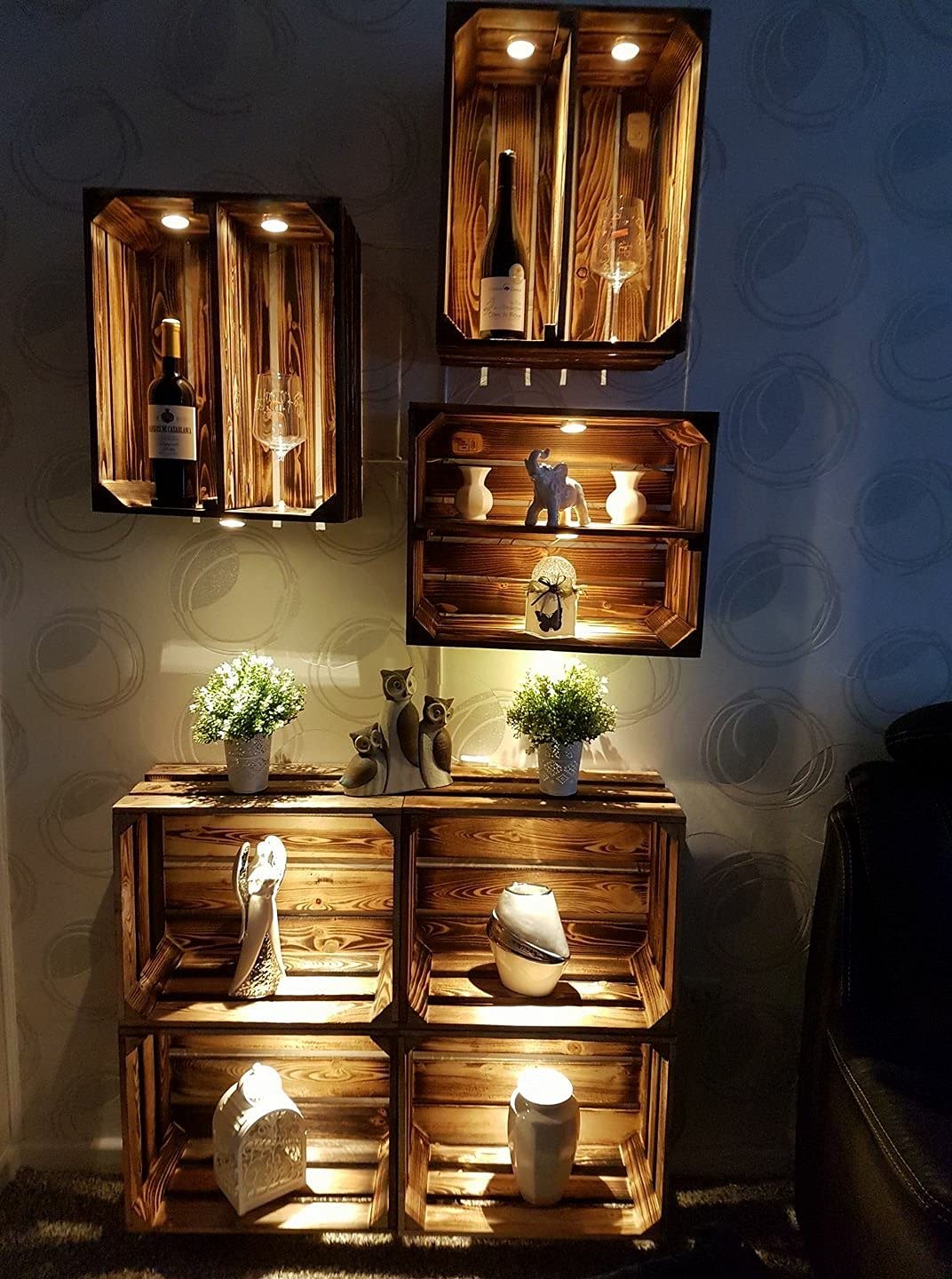 8 geflammte Kisten für Bücherregal - flambierte Apfelkiste / Obstkiste als Schuhregal - Kistenregal Regalkiste Obstkistenregal Regal Wandregal aus Holz - dunkel rustikal neu 50x40x30cm
