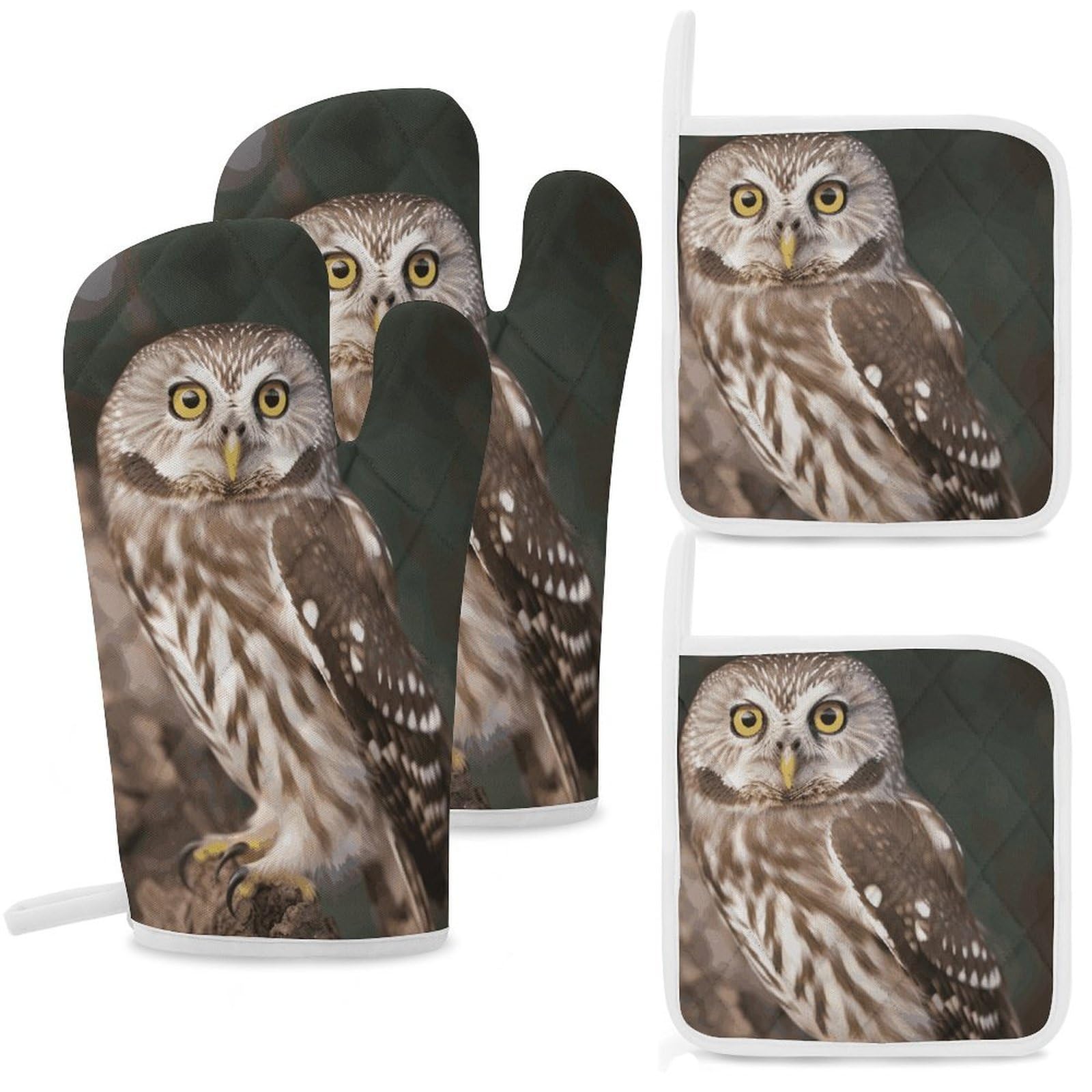 Wildlife Animal Owl Oven Mitts and Pot Holders Sets Heat Resistant Oven Glove with Hanging Loop for Baking Cooking BBQ Thicken Potholders for Kitchen
