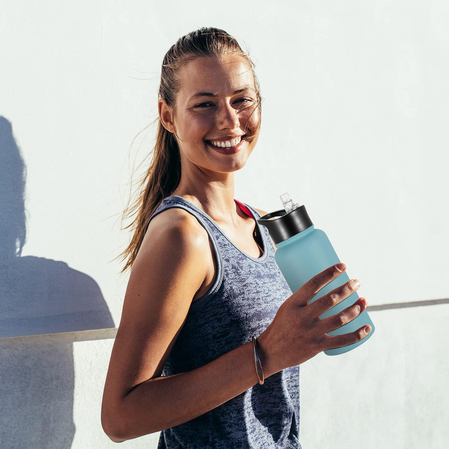 32 oz Insulated Water Bottle Bulk 8 Pack, Stainless Steel Sports Water Bottles with Straw Lid & Wide Mouth Lids, Double Walled Vacuum, Leak Proof, Turquoise Blue