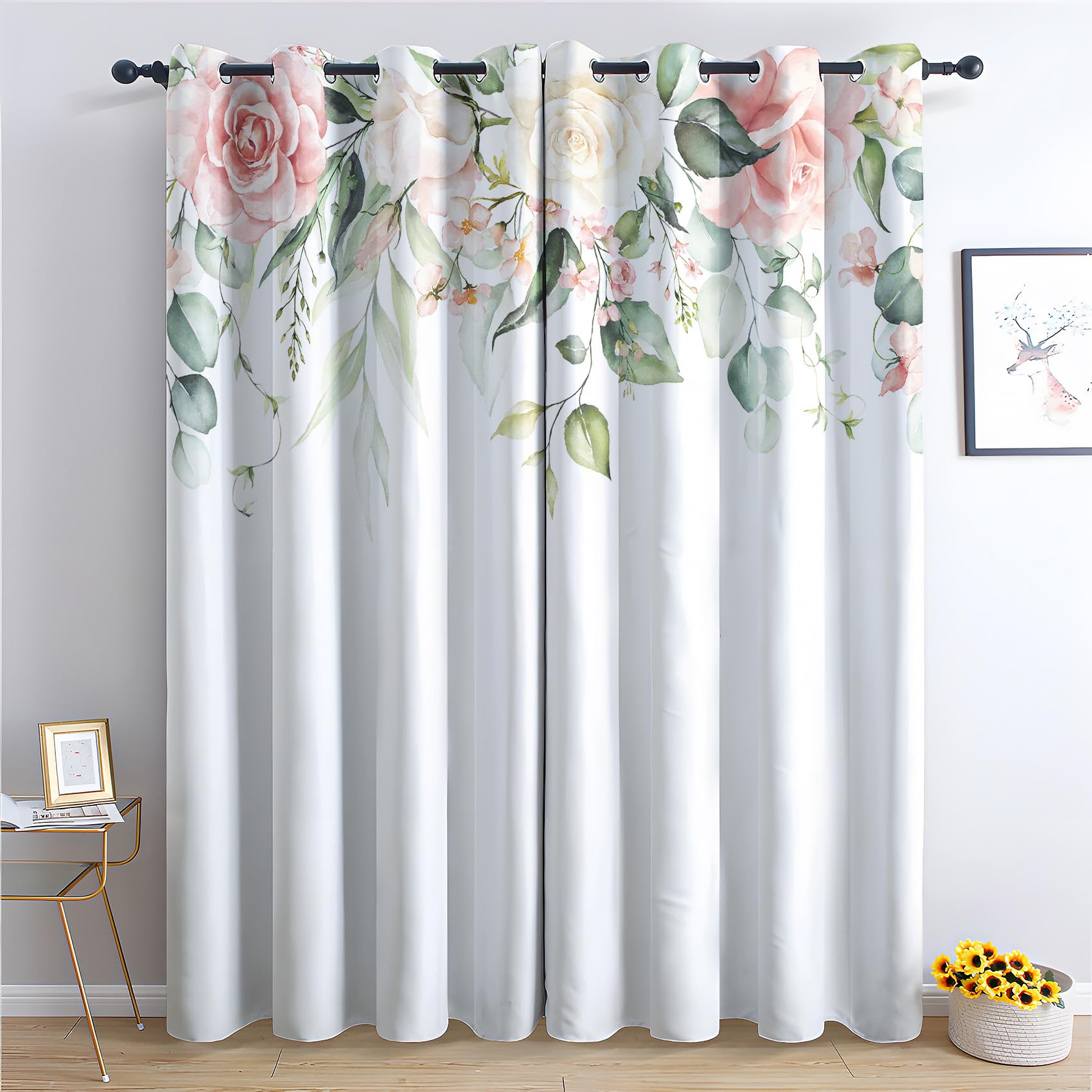 Flower Curtains for Bedroom Living Room - Floral Botanical Blackout Curtains 54 x 90 Inch (Width x Drop), Thermal Insulated Eyelet Curtains & Drapes, Decorative Patterned Window Treatments