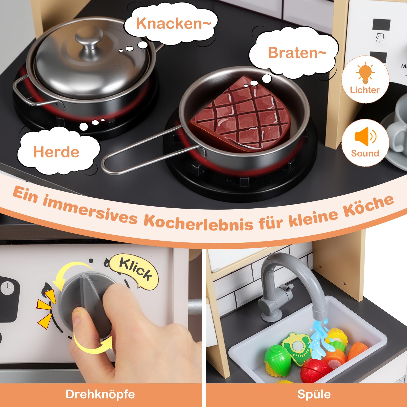 COSTWAY Kinderküche mit 10 TLG. Zubehör, Holz Spielküche mit Licht und Sound, Holzküche inkl. Herd, Spüle, Eismaschine, Kaffeemaschine, Mikrowelle & Ofen, Spielzeugküche für Kinder ab 3 Jahren (Grau)