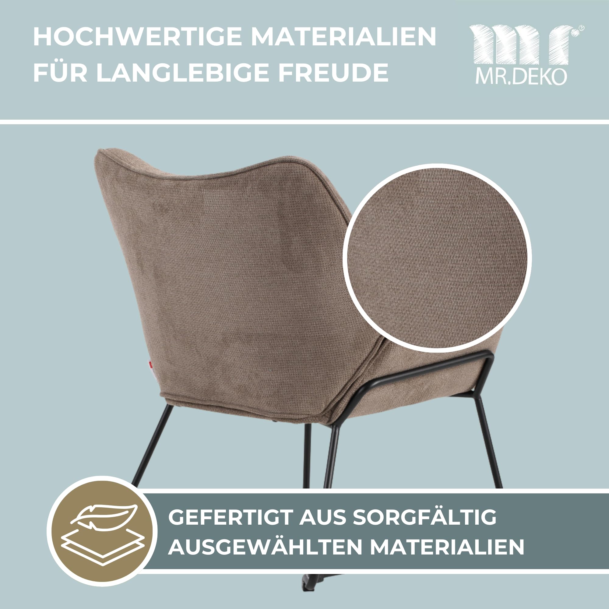 MR. DEKO® Loungesessel Aliano Braun I Bequemer Polstersessel aus Stoff I Moderner Wohnzimmer Sessel mit Armlehnen I HxBxT 76x73,5x67 cm