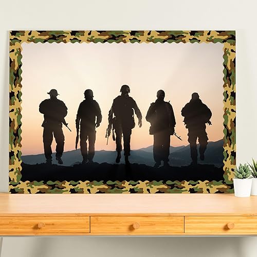 Miniatura 7 de Bordes de tablero de anuncios de camuflaje de 99 pies, color verde, negro y marrón, borde de tablero de anuncios de camuflaje para escuela, aula,