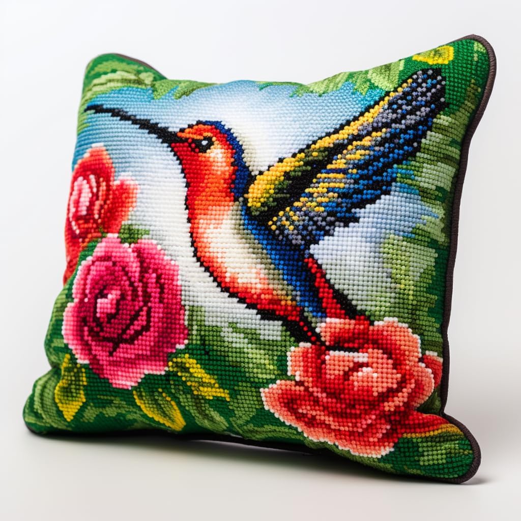 Humming Bird and Flowers Latch Hook Kits Pillow Printed Canvas Cushion Crochet Yarn Needlework Hook Latch Kit DIY Embroidery Pillowcase Rug Cover Home Sofa Christmas Decoration 43x43cm(4)