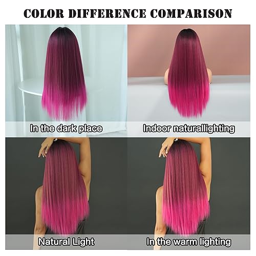 Miniatura 9 de 7JHH WIGS Peluca de 26 pulgadas de largo y lacio con flequillo, resistente al calor, peluca negra con reflejos rubios que hacen que las mujeres