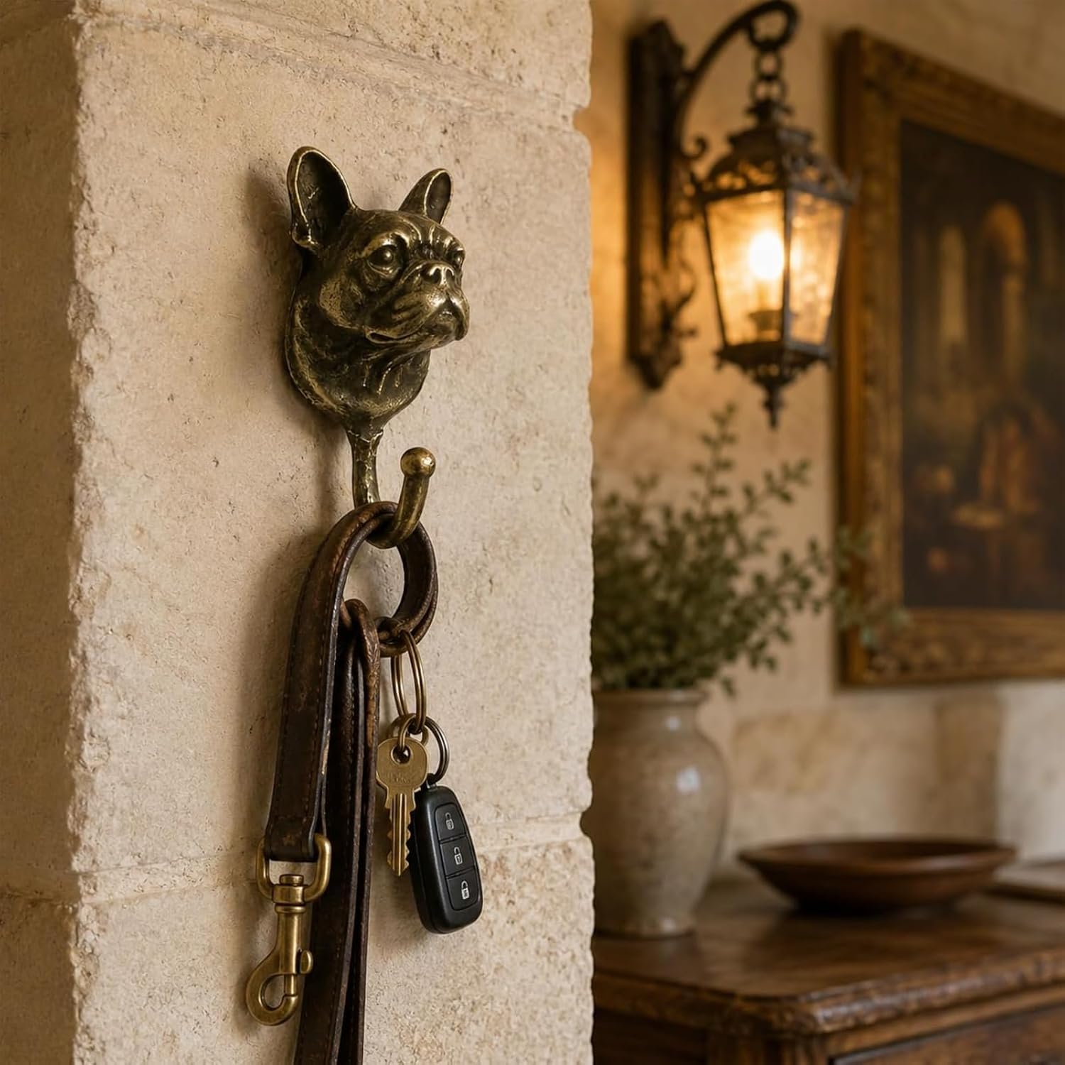 French Bulldog Wall Hook, Decorative Dog Head Coat Hook for Wall, Vintage Weathered Bronze Brass Key Holder, Wall Mounted Leash Hanger for Dog Lovers, Entryway Organization & Decor
