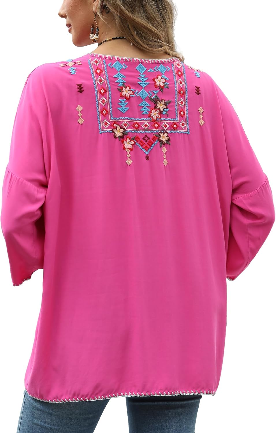 AK Women's Mexican Embroidered Tops 3/4 Sleeve Boho Hippie Plus Size Shirts for Ladies Casual Loose Peasant Blouse - Image 2