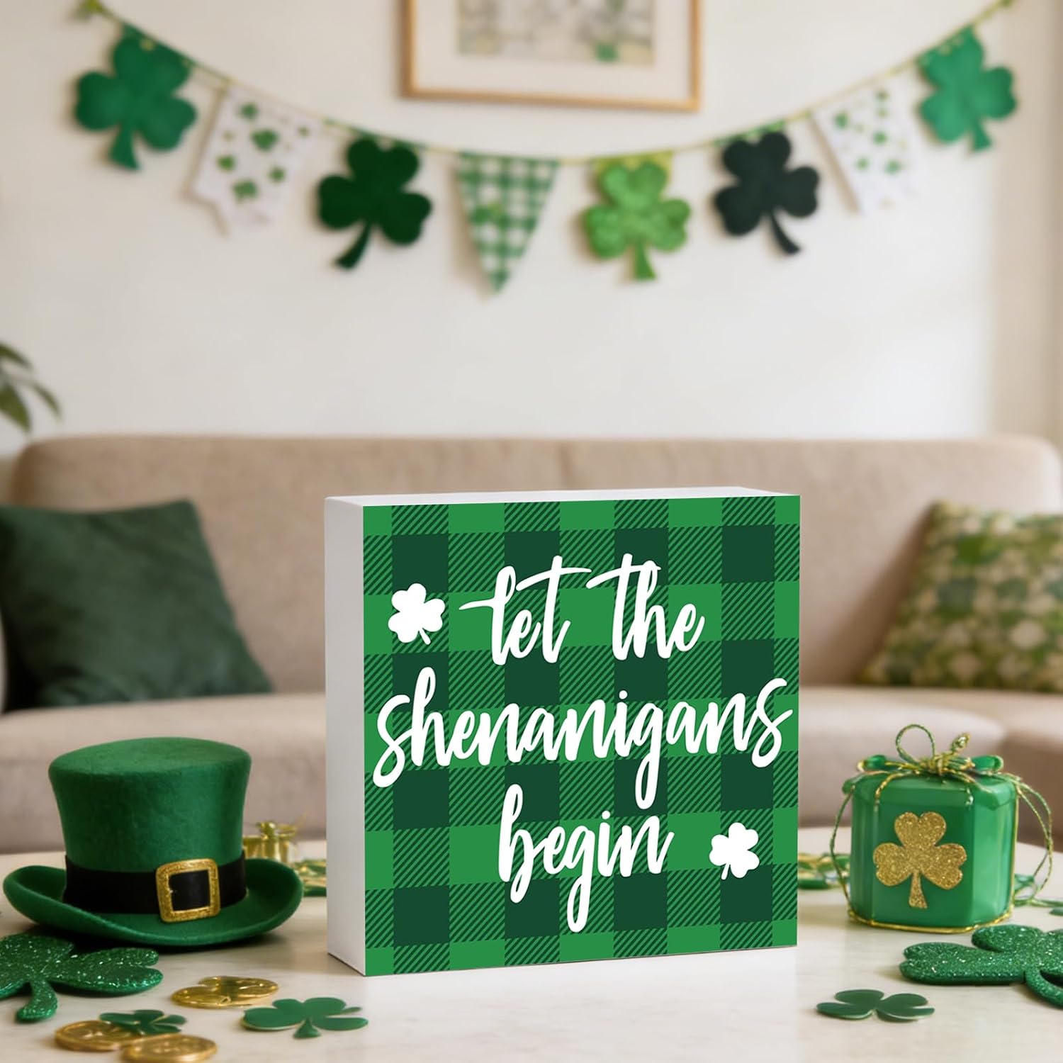 St Patricks Day Decorations St Patricks Day Decor Indoor Table Buffalo Plaid Home Room Office Bathroom Wood Box Sign Rustic Wooden Shelf Desk Decor Season House Warming Gifts 5.9 x 5.9 Inch Style 2
