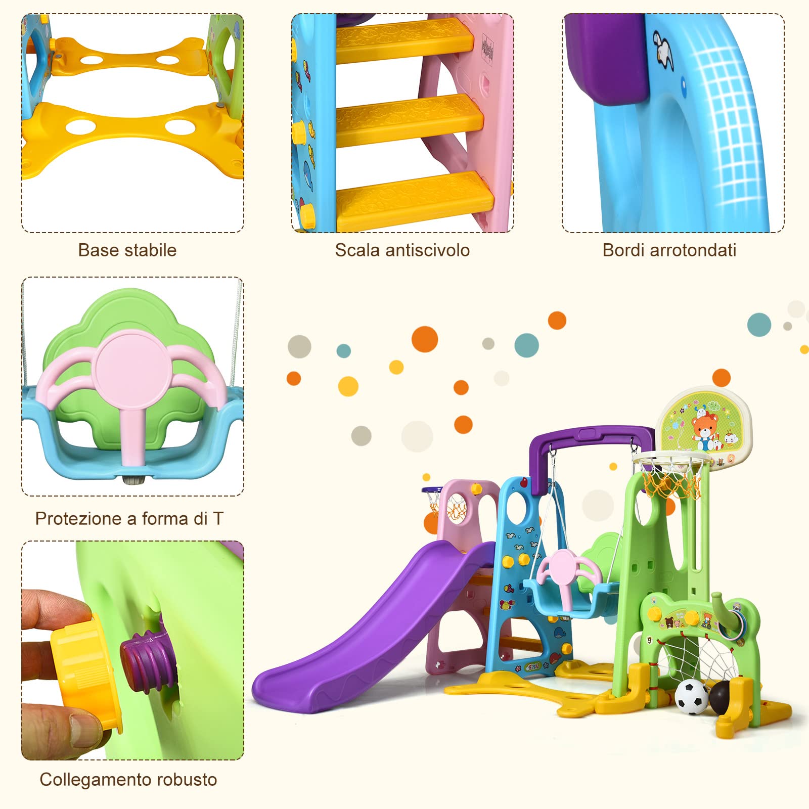 RELAX4LIFE 6 en 1 Tobogán Infantil para Niños, Parque Infantil con Tobogán, Columpio y Canasta Baloncesto, Juego de Toboganes para Niños 18 Meses-5 Años, Casitas Infantiles Interior (Púrpura+Verde)