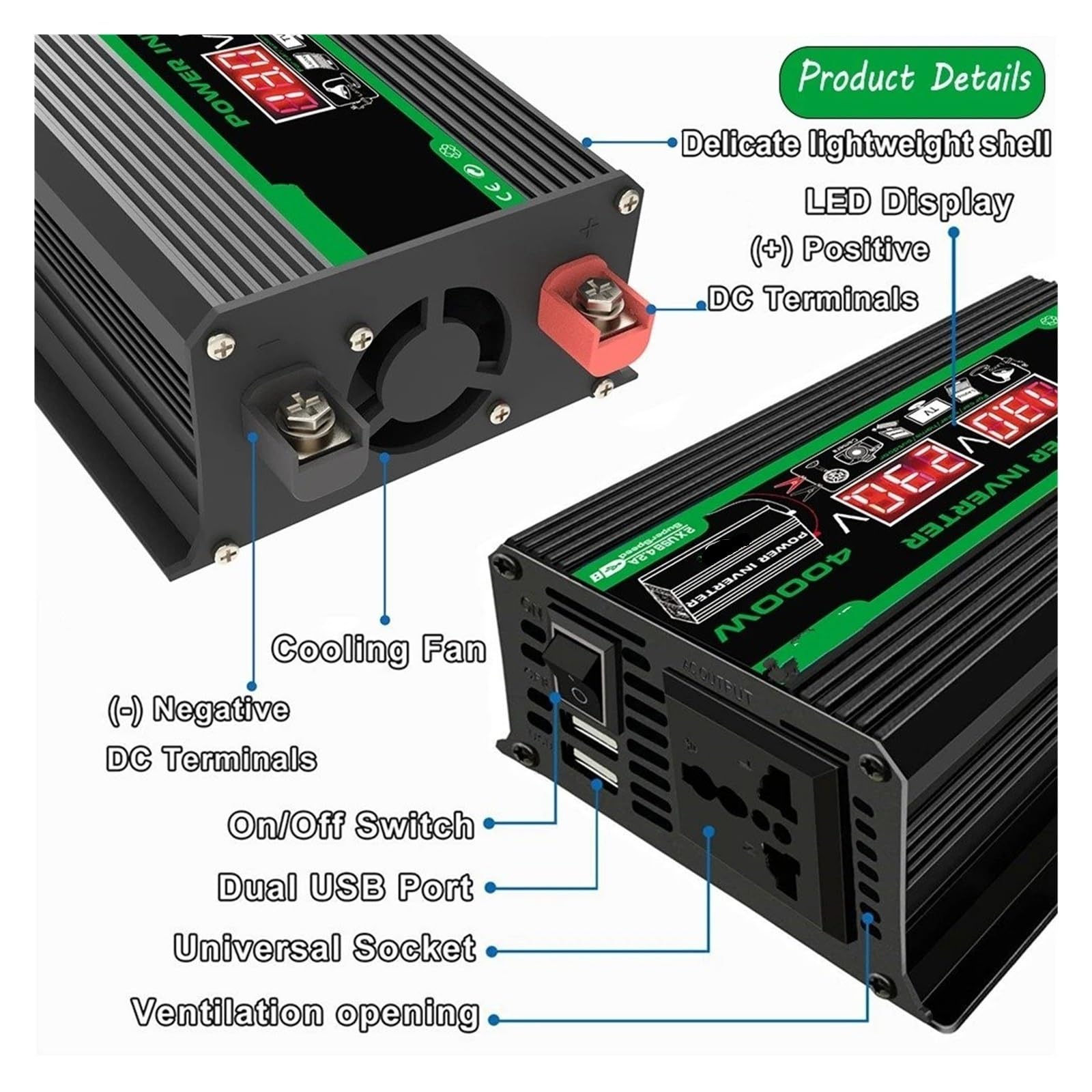Convertidor Adaptador Inversor Portátil Coche 300W/4000W CC 12V CA 110V/220V Puertos USB/CA Duales para Acampar Aire Libre Electrodomésticos Sin Batería Incluida inversor