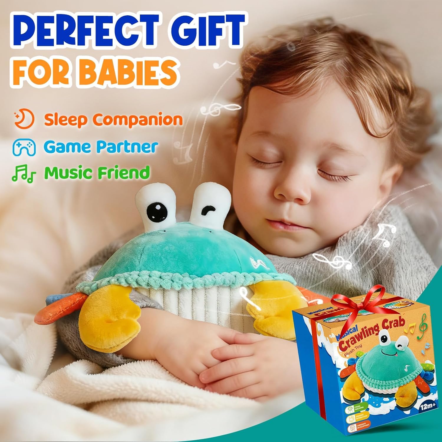 Granchio giocattolo per bambini da 6 a 18 mesi con funzione di ballo e rimbalzo - Peluche musicale per gattonare - Giocattolo per bambini a partire da 6 mesi per imparare a gattonare - Regalo