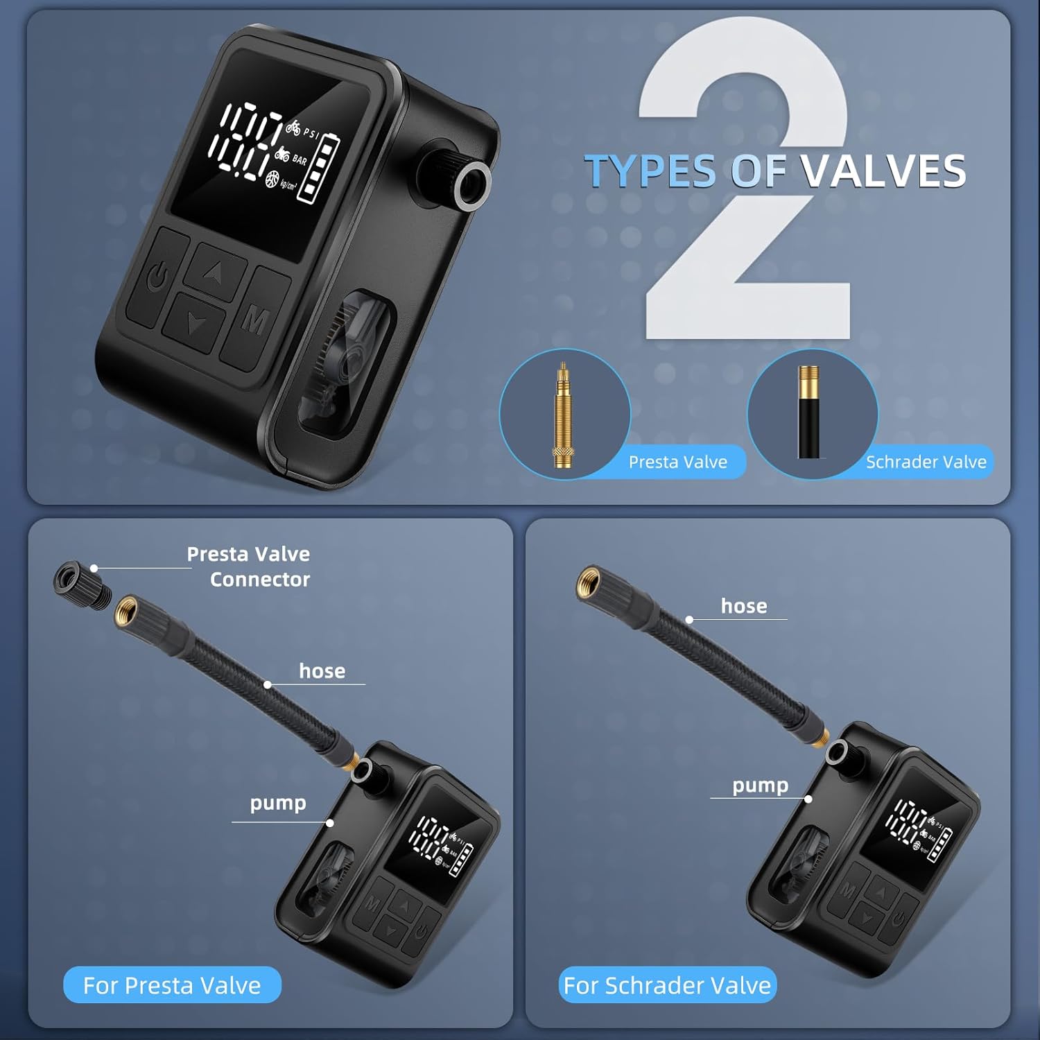 West Biking Electric Bike Pump valve compatibility for Presta and Schrader