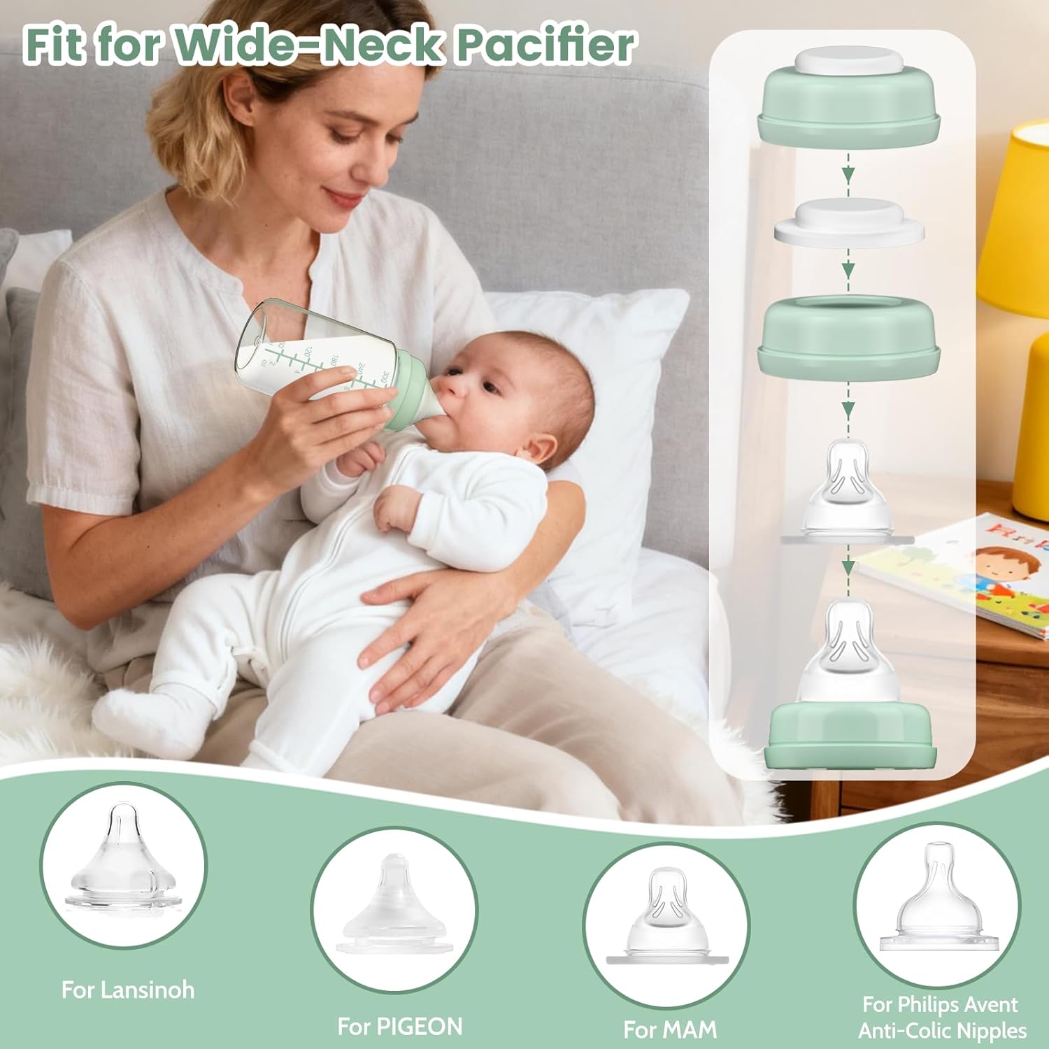 4 Pack 10oz Wide-mouth Breastmilk Storage Bottle for Momcozy 22oz Portable Breast Milk Cooler, Pumping Storage Containers Compatible with Spectra S1/S2/9 Plus/SG/Motif Luna (4PC/Green Lids) - Image 4