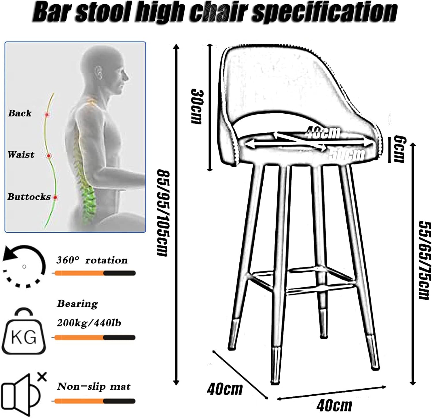 LAJUU Stools,Bar Stool Swivel High Chair, Leather Curved Back, Home Kitchen Dining Counter Reception Stool with Metal Footrest and Brass Feet/Orange/65 cm