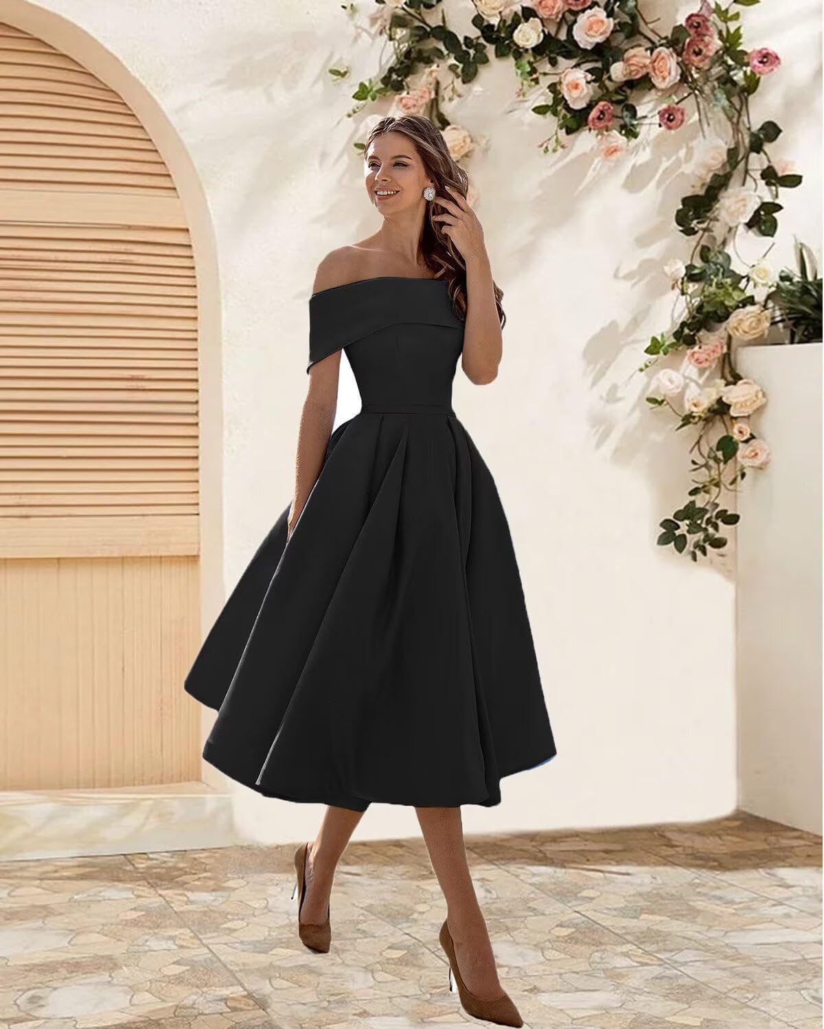 Women's Off The Shoulder Bridesmaid Dresses Short Satin A-line Tea Length Prom Formal Dress with Pockets - Image 5