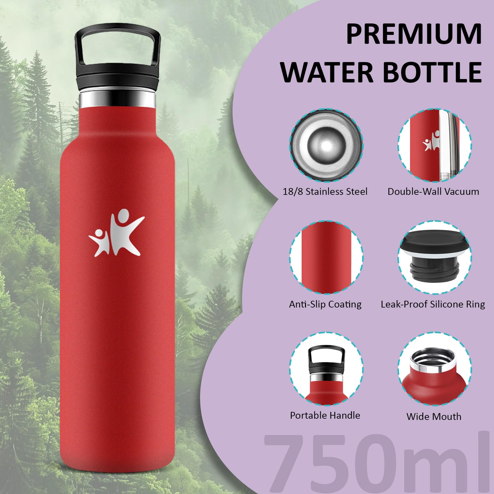 Borraccia Termica, Borraccia 750 ml, Senza BPA, Borracia con Cannuccia, Senza Perdite, Bottiglia Termica, Acciaio Inossidabile 18/8, Borracce Termiche per Campeggio, Uffici, Viaggio, Palestra