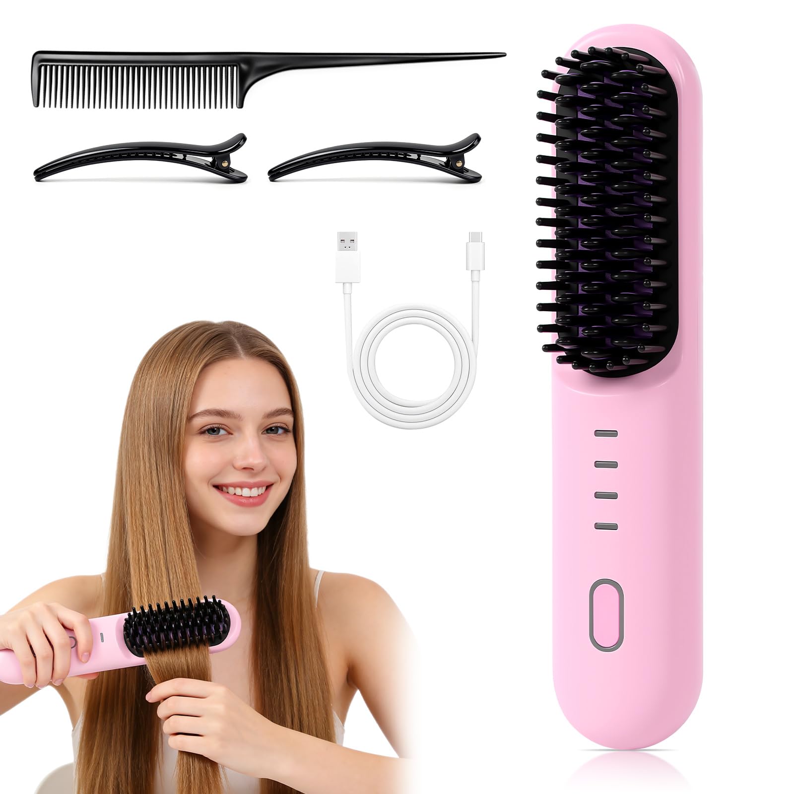 Photo 1 of 2026 Upgraded Cordless Straightening Brush with 30s Fast Heat,4 Temperature Settings, Ionic & Ceramic Care, 4000mAh USB-C Rechargeable for Frizz-Free Styling (Pink)