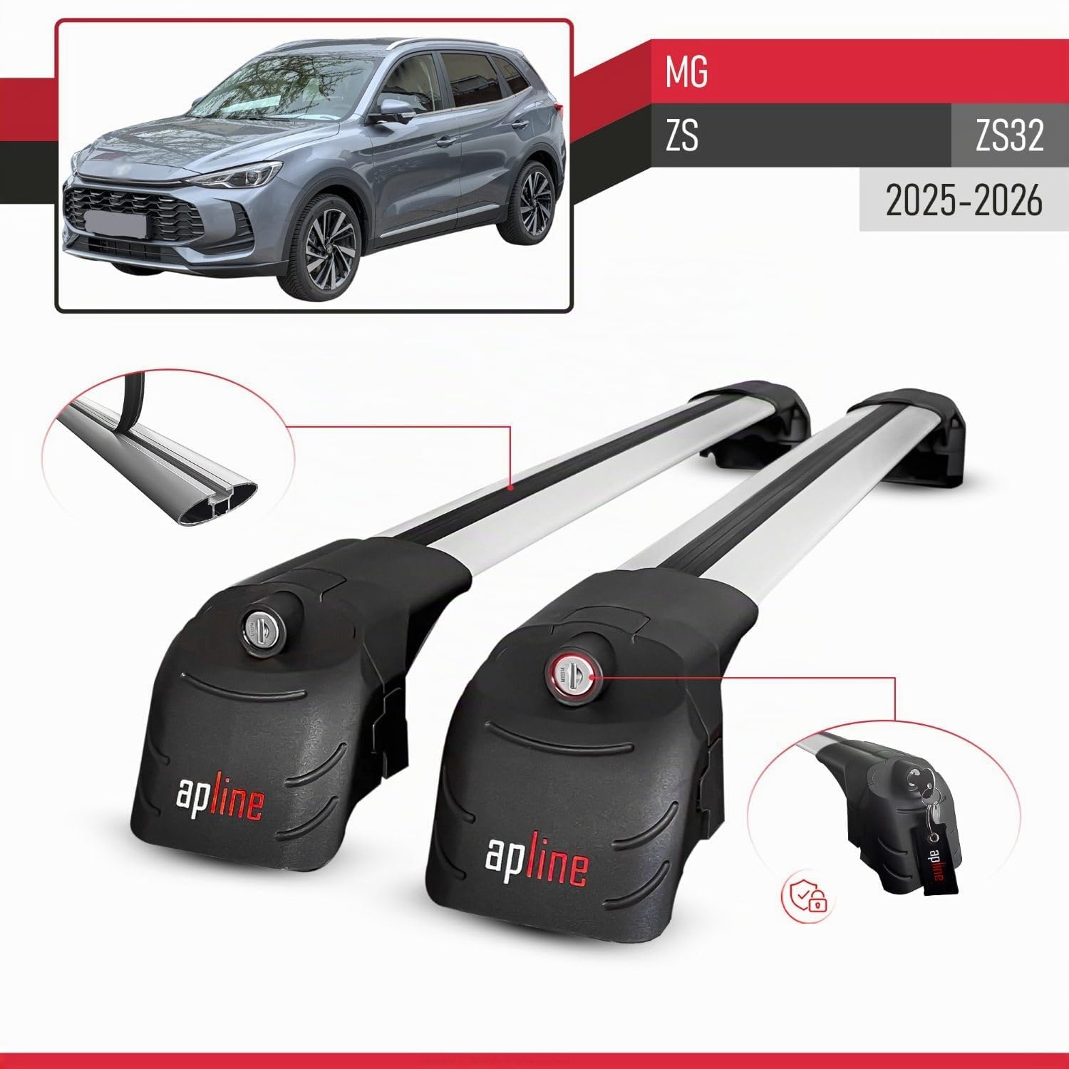Compatible con MG ZS (ZS32) 2025-2026 Modelo Ace-2 Barra de Techo Auto Portaequipajes Barras Transversales Gris Aluminio 2 Barras