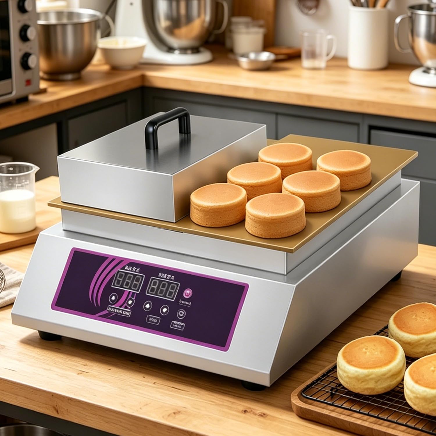 Azcabjie Singlehead,Doublehead Pure Copper Plate Commercial Souffle Pancake Machine Electric Dorayaki Baker Non-Stick Countertop Muffin Making Machine Doublehead