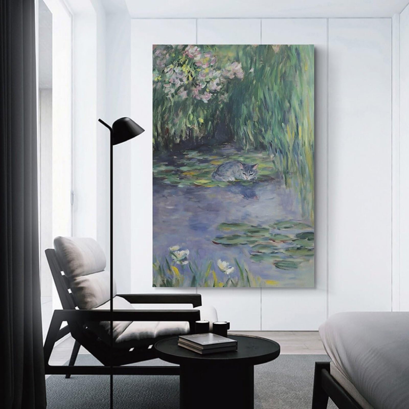 Junmoney Canvas Wall Picture Cat in The Waterlilies Pond, 24x36inch(60x90cm), for Office, Study Or Home Workspace, Canvas Wall Decor for Creative Rooms