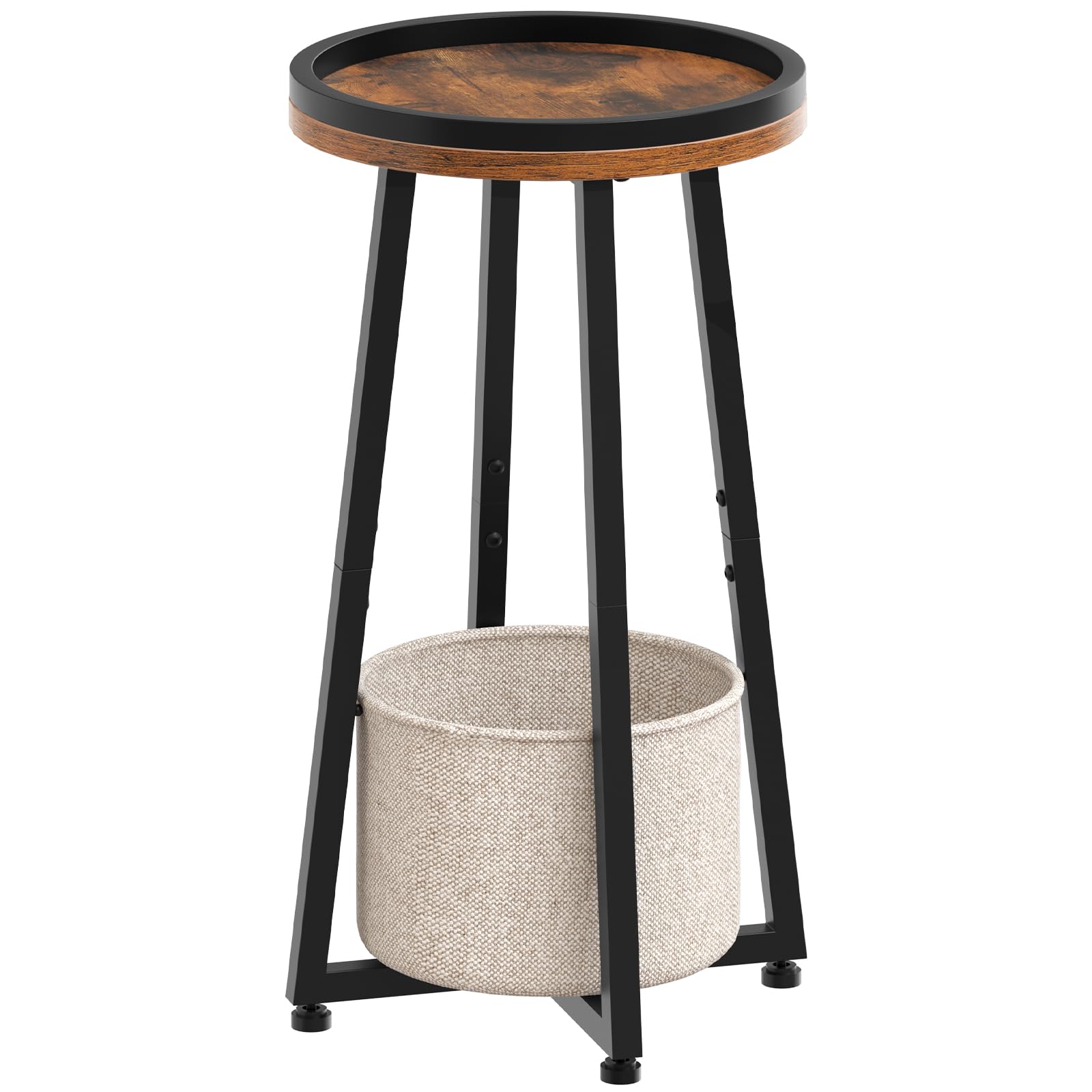 HOOBRO Mesa Auxiliar Redonda de 2 Niveles, Mesita de Noche Pequeña con Borde Elevado, con Cesta de Tela Beige para Espacios Pequeños, Sala de Estar, Dormitorio, Piso, Marrón Rústico EBF183BZ01