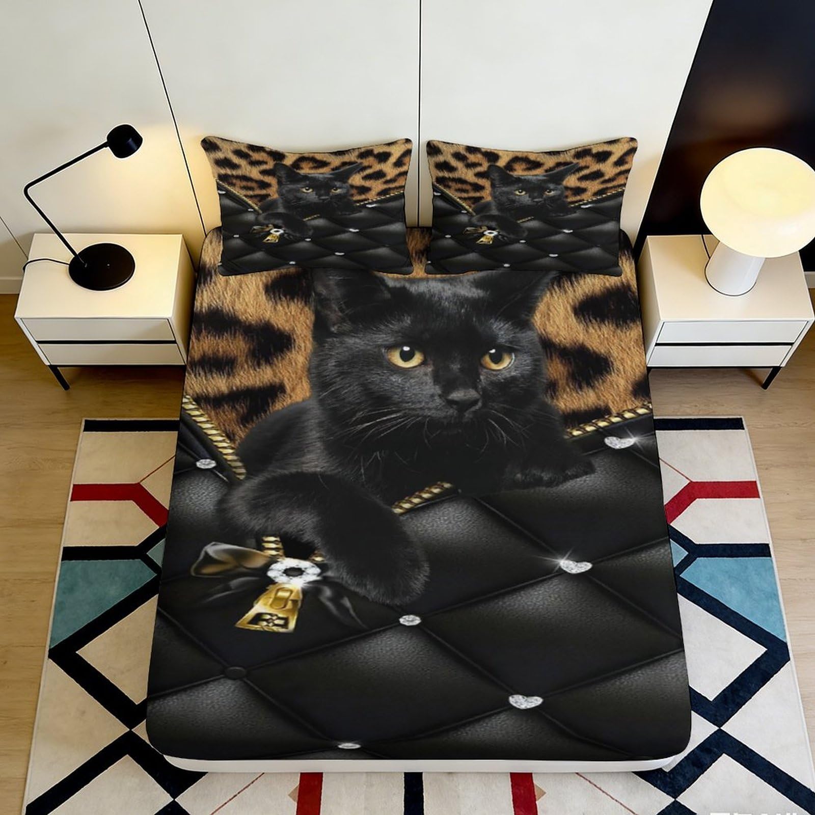 3D Printed Black Cat 3D Fitted Sheet Microfiber Soft Breathable Leopard Print Bed Cover for Bedroom Dormitory Guest Room Mattress Protection 160x200x25cm