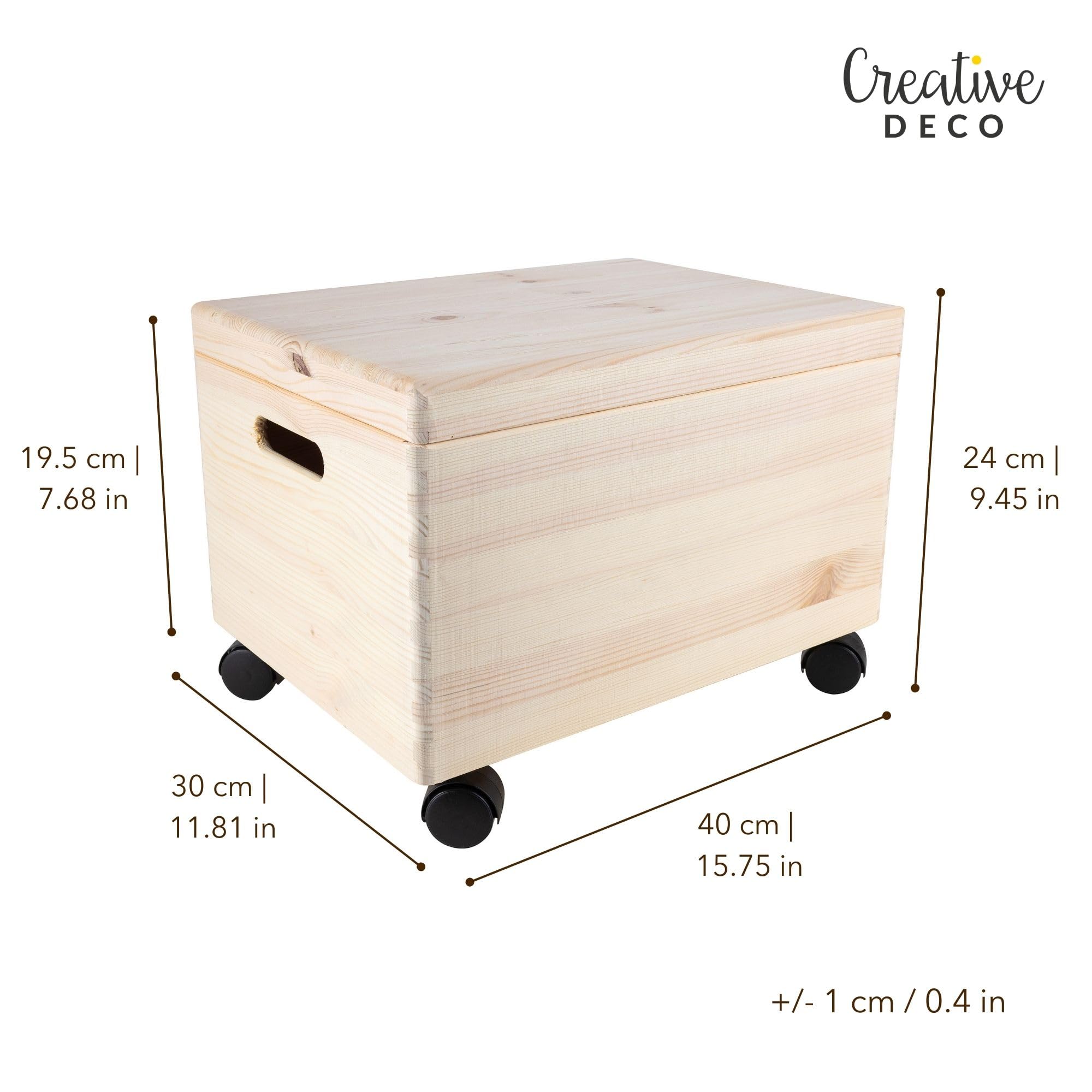 Creative Deco XXL Große Holzkiste mit Deckel und Rollen | 40x30x24 cm | (+/-1cm) | Ostern Holztruhe Erinnerungsbox Baby Holzbox mit Deckel und Griffen | Leicht zu transportieren | ROH UNGESCHLIFFEN