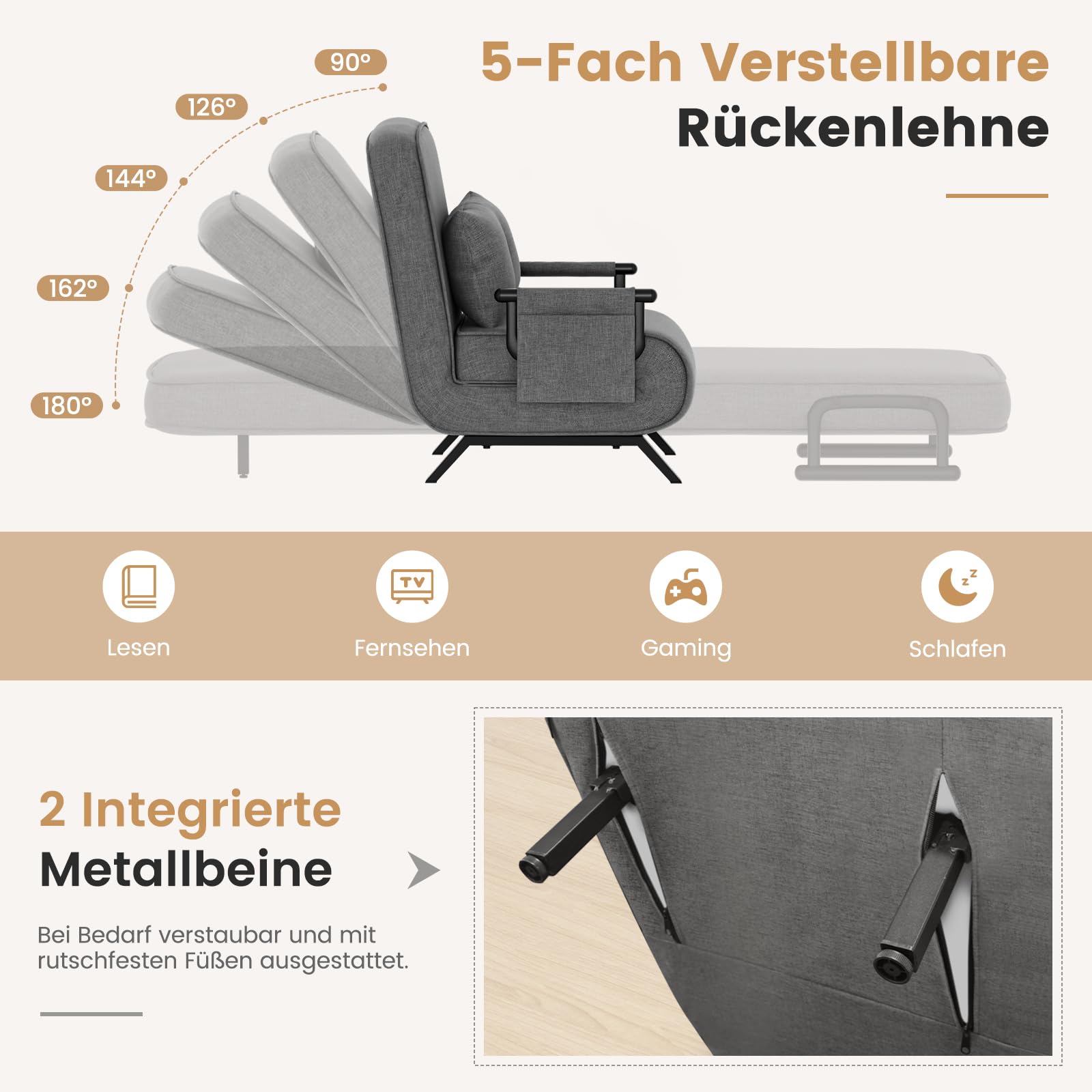 YOUDENOVA Schlafsessel 4 in 1 mit Bettfunktion, 150 kg belastbar, Schlafsofa mit 5-Fach Verstellbarer Rückenlehne, Sofa mit Aufhängetasche, Schlafcouch, Gästebett, Klappsofa, 184 × 63 cm, Dunkelgrau