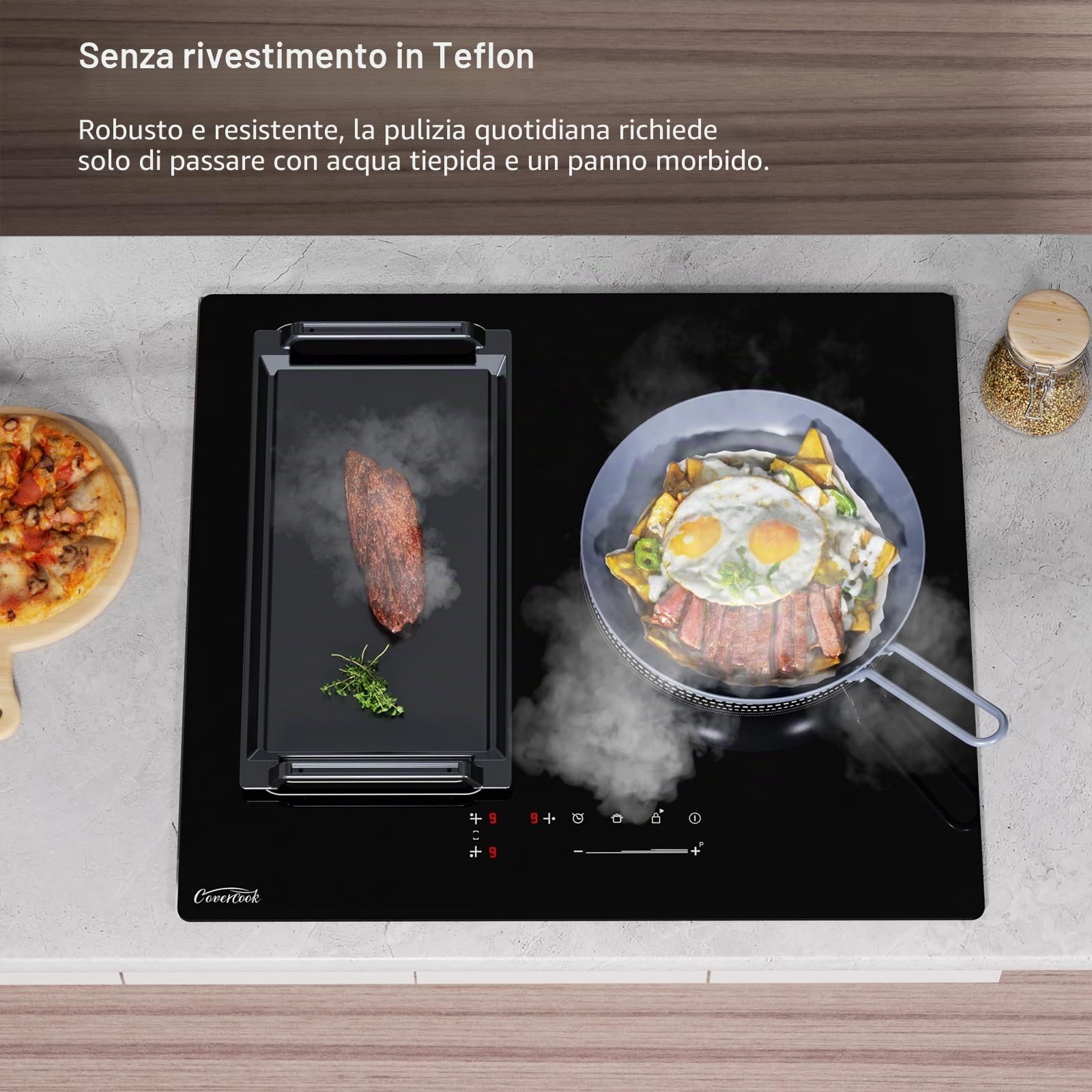 Padella per Grigliare in Ghisa, Padella per Grigliare, Griglia Rettangolare, Piastra Piatta 43 x 23 cm per Piano Cottura a Induzione, Fuoco Aperto, Forno, Piano Cottura Elettrico
